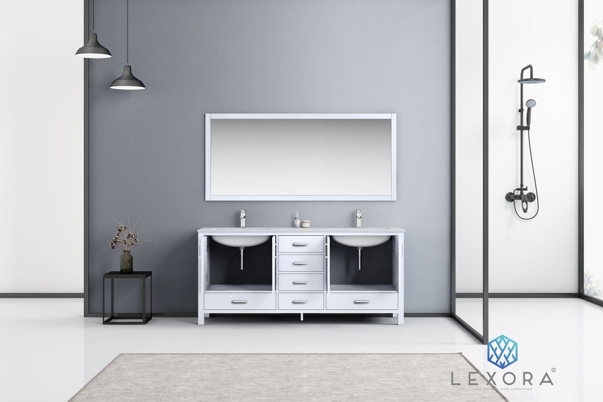 Jacques 72" White Double Vanity, White Carrara Marble Top, White Square Sinks and 70" Mirror w/ Faucets