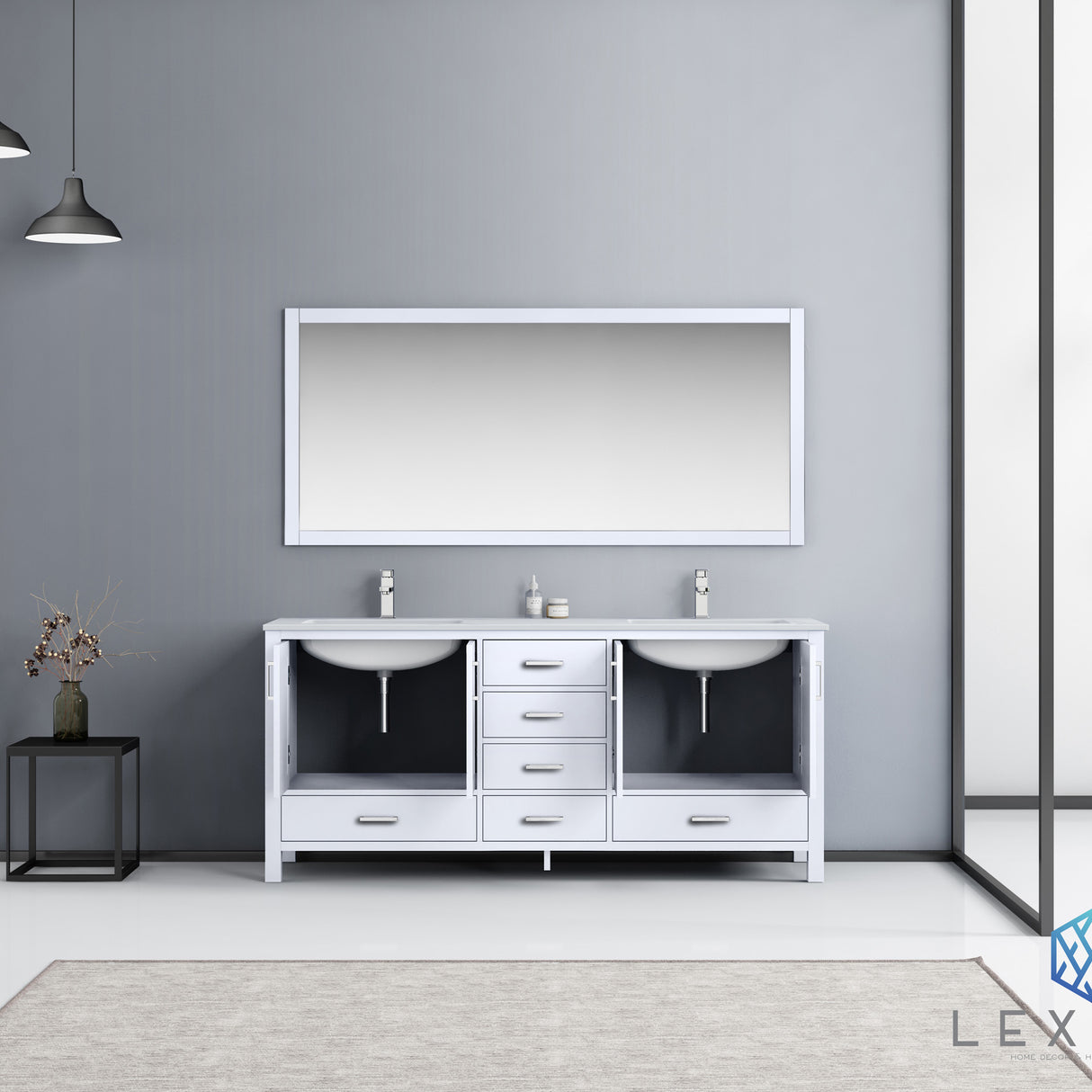 Jacques 72" White Double Vanity, White Carrara Marble Top, White Square Sinks and 70" Mirror