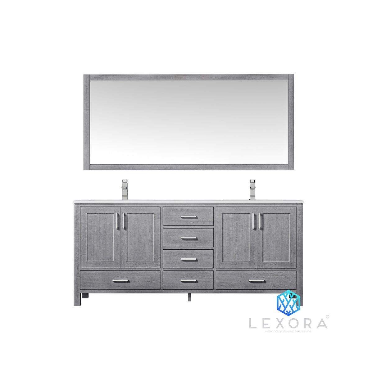 Jacques 72" Distressed Grey Double Vanity, White Carrara Marble Top, White Square Sinks and 70" Mirror