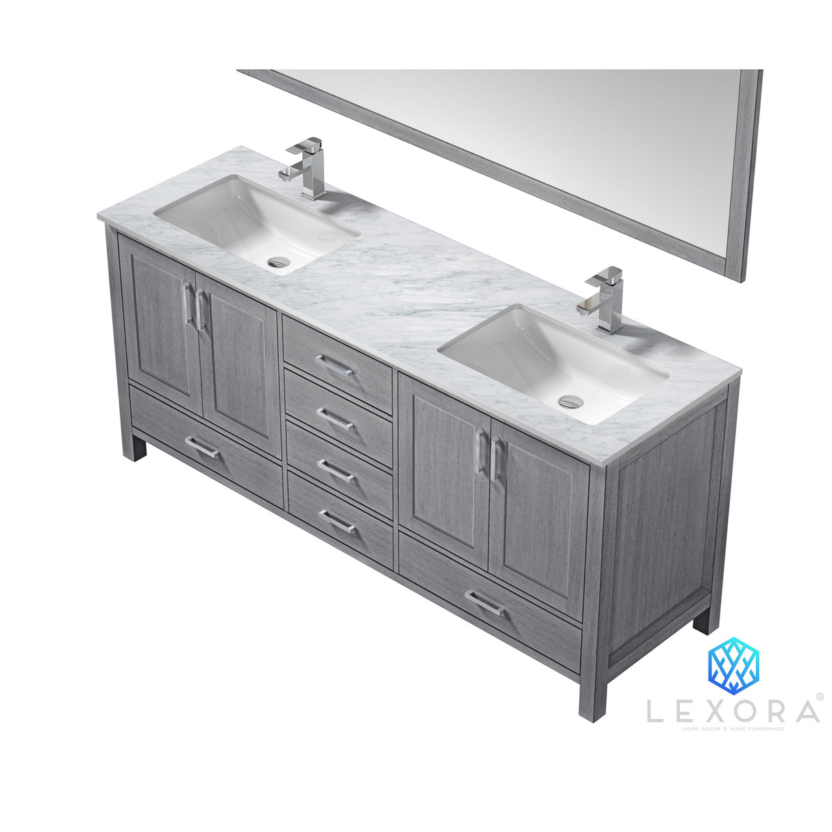 Jacques 72" Distressed Grey Double Vanity, White Carrara Marble Top, White Square Sinks and 70" Mirror