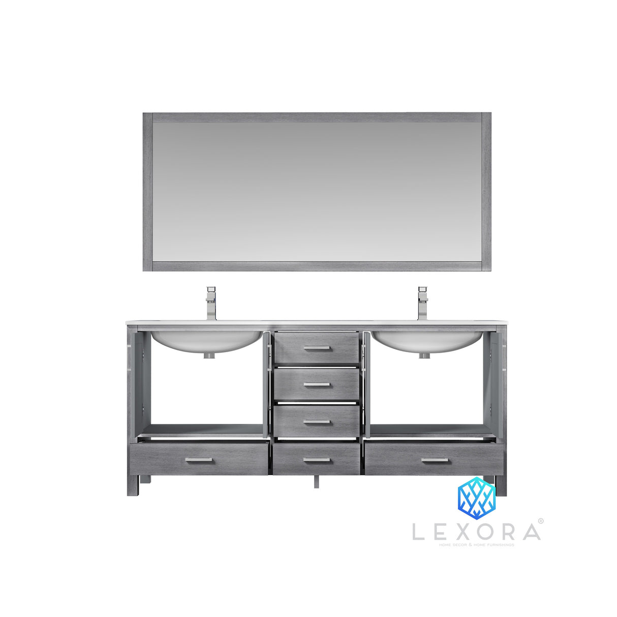 Jacques 72" Distressed Grey Double Vanity, White Carrara Marble Top, White Square Sinks and 70" Mirror
