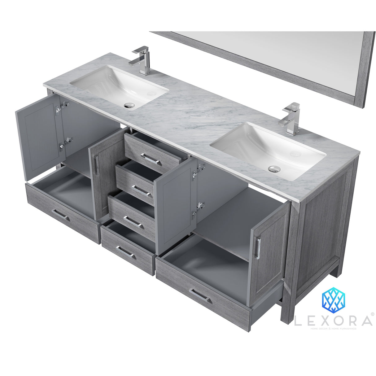 Jacques 72" Distressed Grey Double Vanity, White Carrara Marble Top, White Square Sinks and 70" Mirror