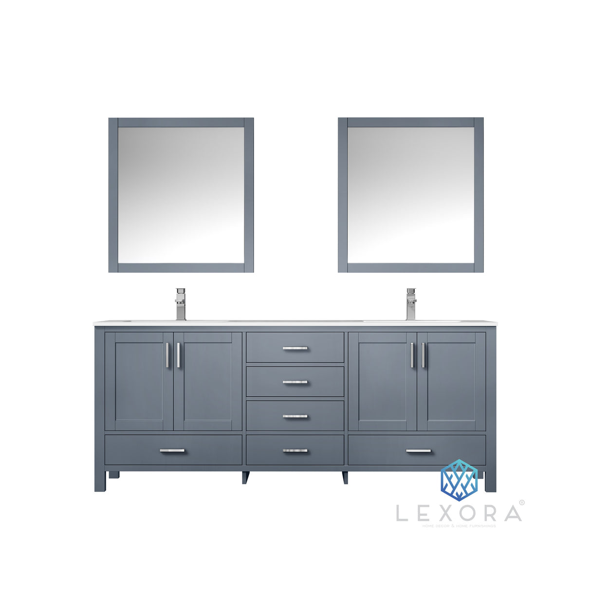 Jacques 80" Dark Grey Double Vanity, White Carrara Marble Top, White Square Sinks and 30" Mirrors