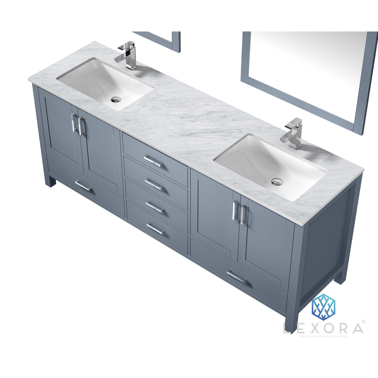 Jacques 80" Dark Grey Double Vanity, White Carrara Marble Top, White Square Sinks and 30" Mirrors