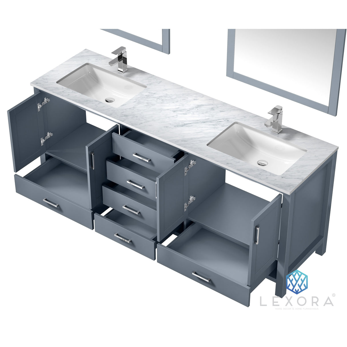 Jacques 80" Dark Grey Double Vanity, White Carrara Marble Top, White Square Sinks and 30" Mirrors