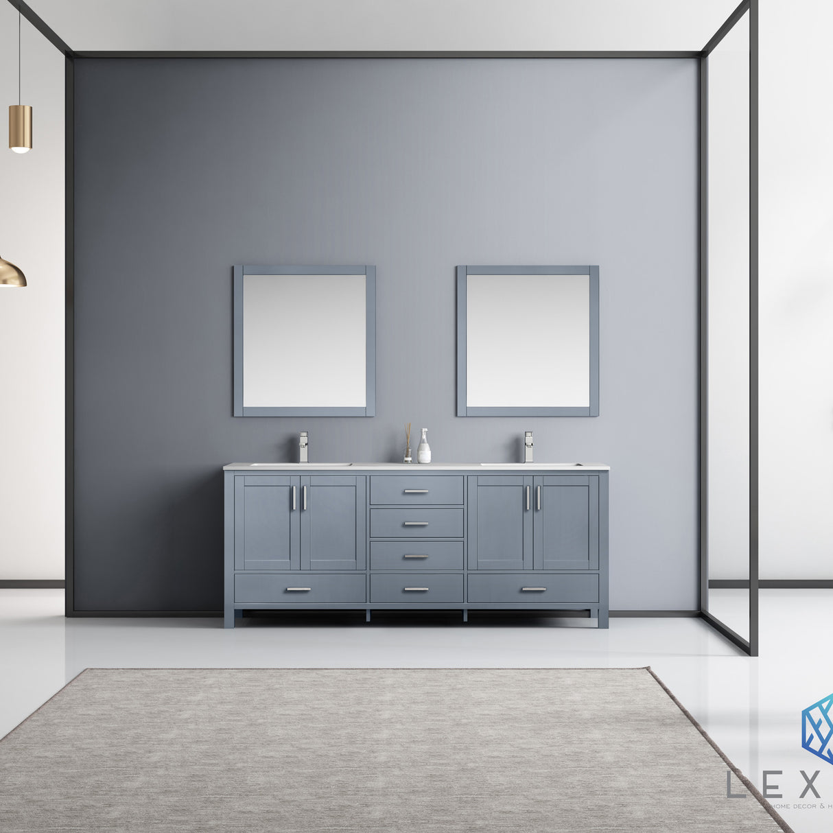 Jacques 80" Dark Grey Double Vanity, White Carrara Marble Top, White Square Sinks and 30" Mirrors