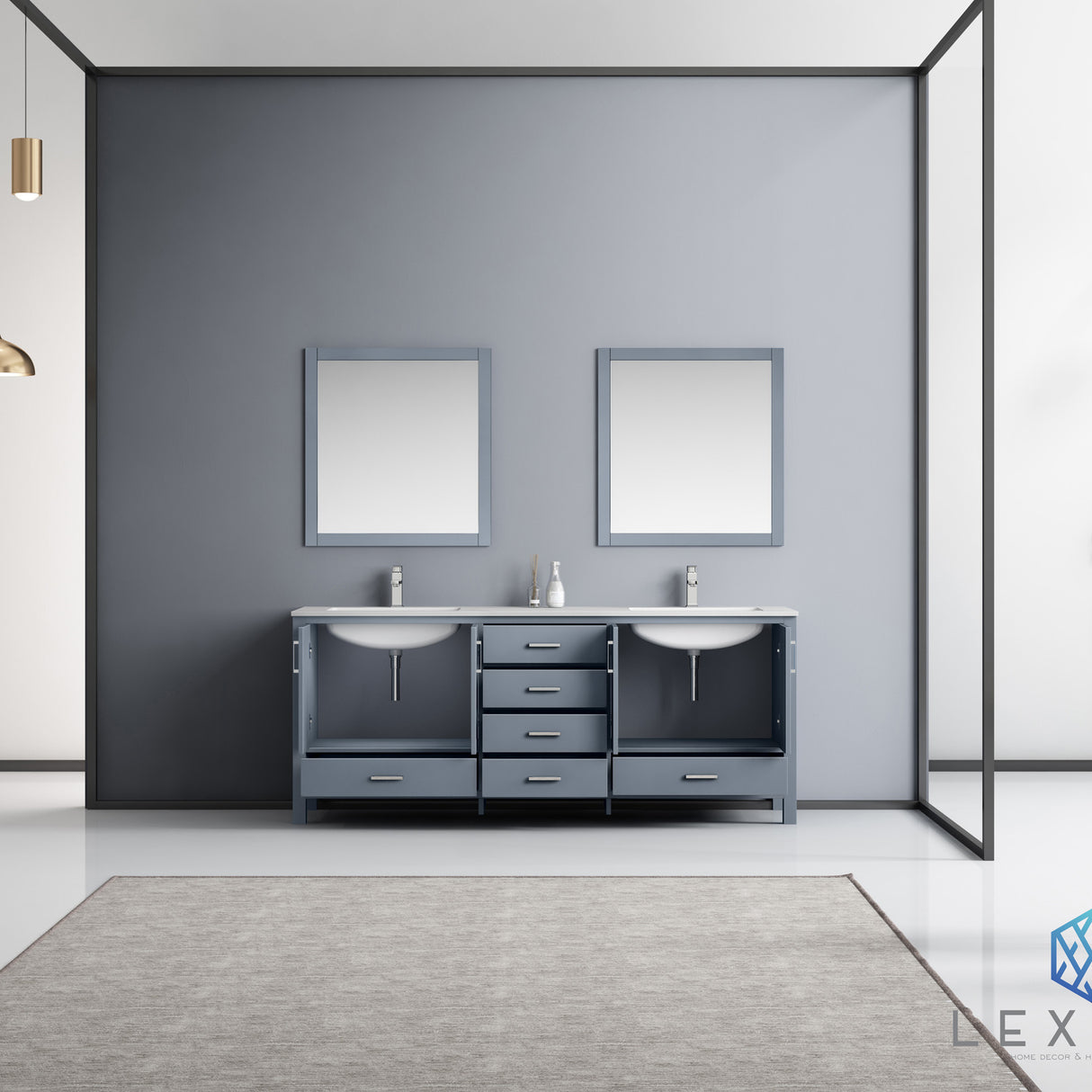 Jacques 80" Dark Grey Double Vanity, White Carrara Marble Top, White Square Sinks and 30" Mirrors