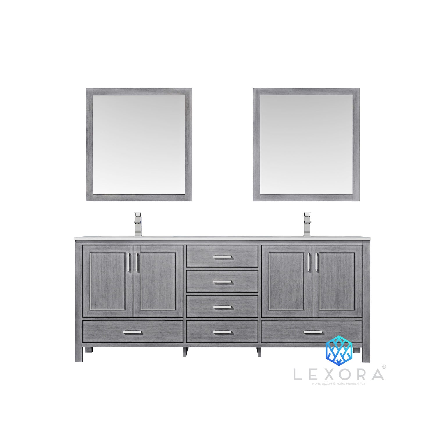 Jacques 80" Distressed Grey Double Vanity, White Carrara Marble Top, White Square Sinks and 30" Mirrors with Faucets
