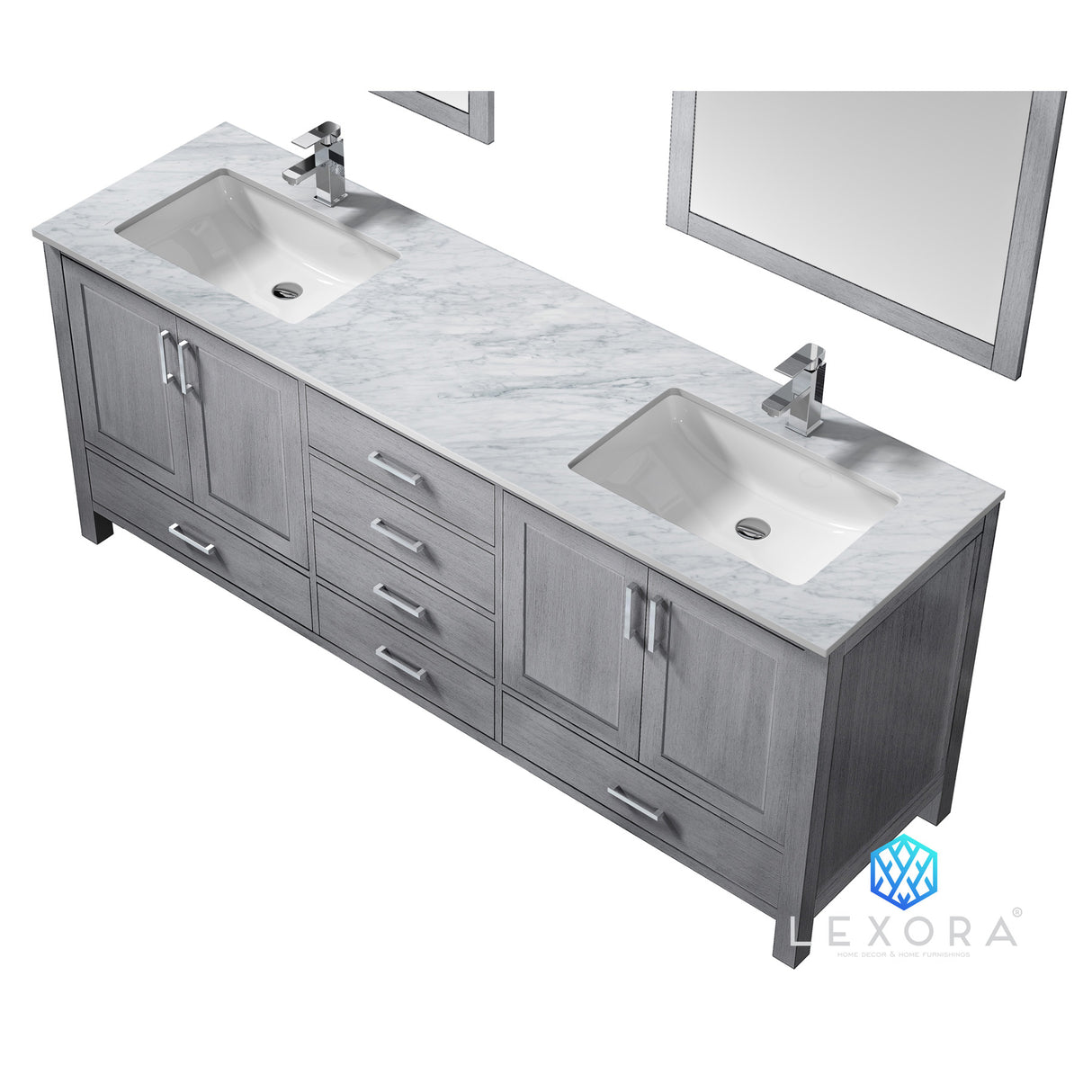 Jacques 80" Distressed Grey Double Vanity, White Carrara Marble Top, White Square Sinks and 30" Mirrors with Faucets