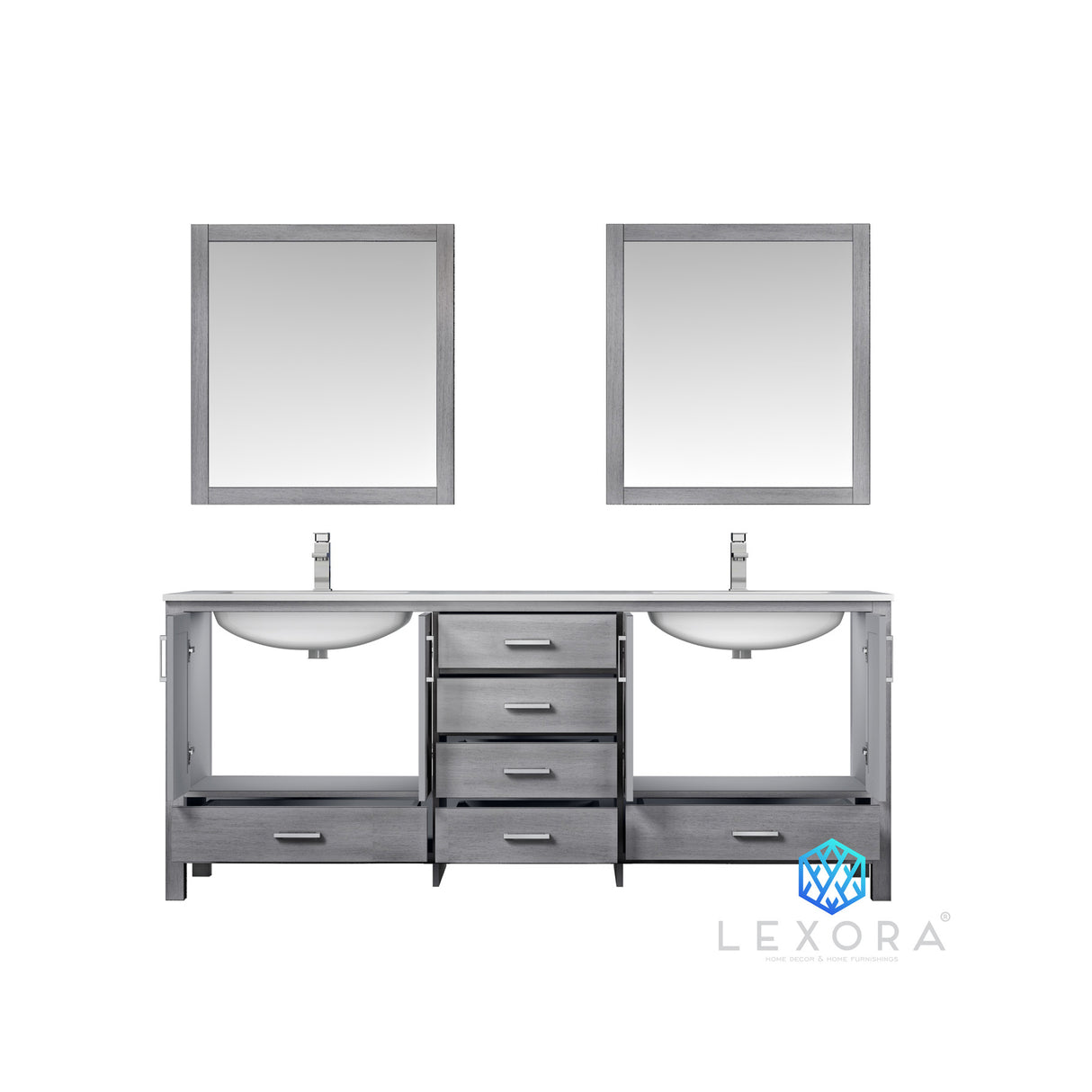 Jacques 80" Distressed Grey Double Vanity, White Carrara Marble Top, White Square Sinks and 30" Mirrors with Faucets