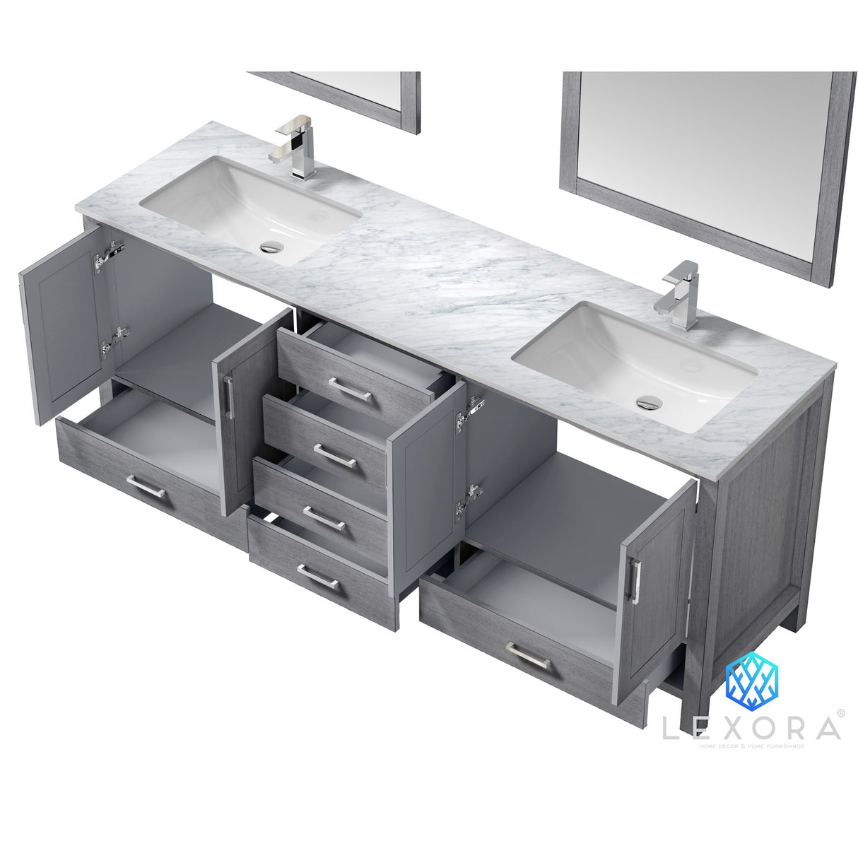 Jacques 80" Distressed Grey Double Vanity, White Carrara Marble Top, White Square Sinks and 30" Mirrors with Faucets
