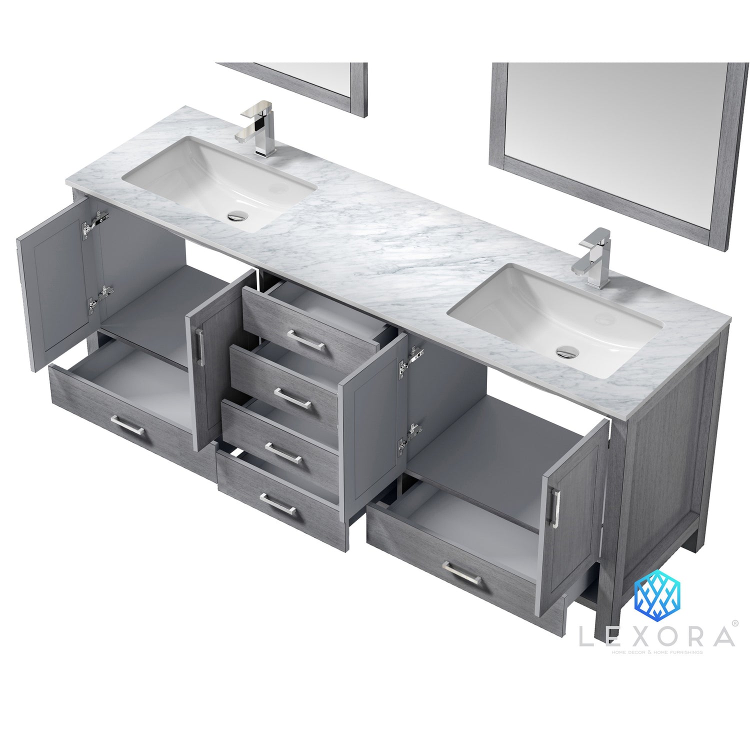Jacques 80" Distressed Grey Double Vanity, White Carrara Marble Top, White Square Sinks and 30" Mirrors with Faucets