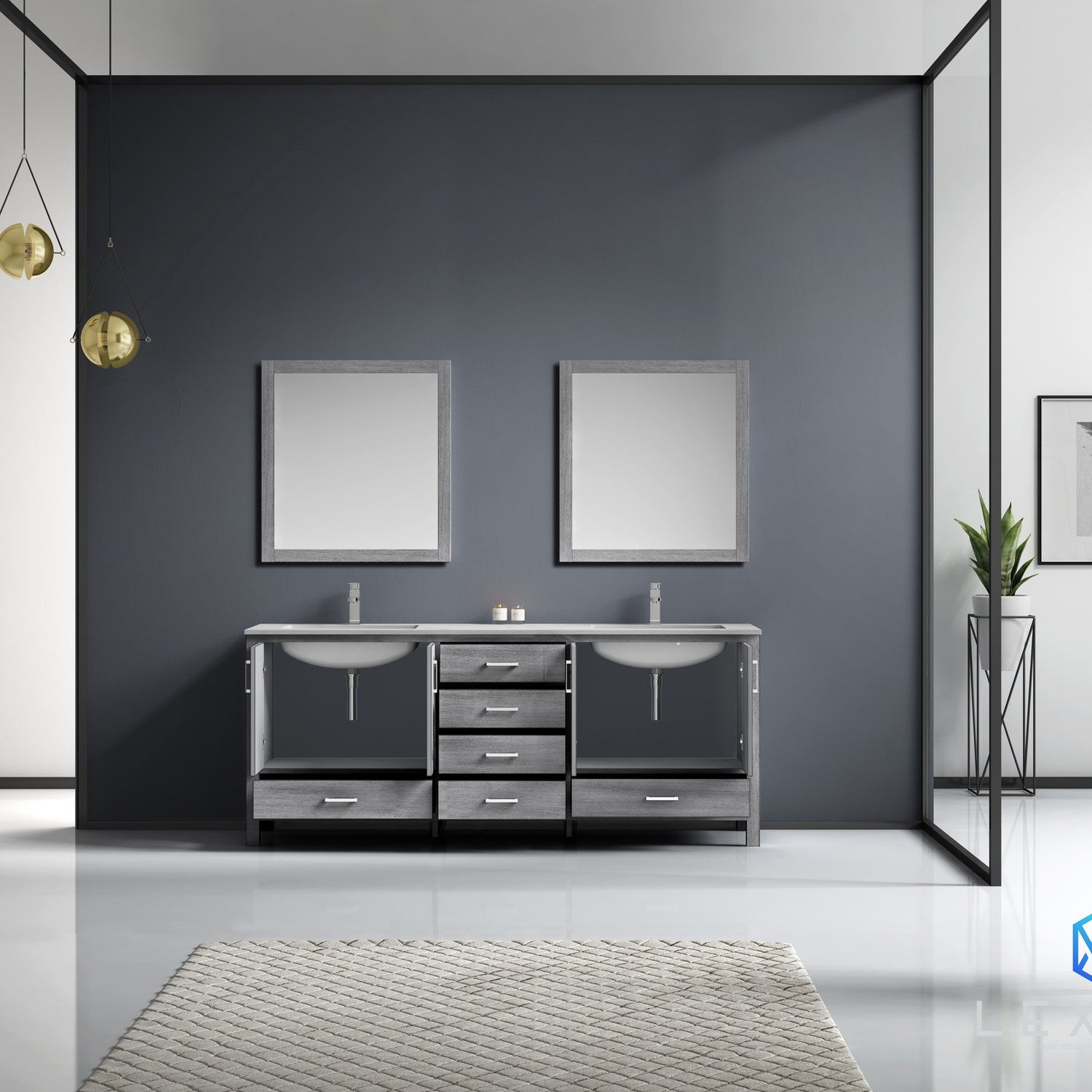 Jacques 80" Distressed Grey Double Vanity, White Carrara Marble Top, White Square Sinks and 30" Mirrors with Faucets