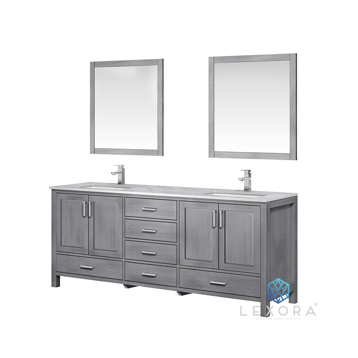 Jacques 80" Distressed Grey Double Vanity, White Carrara Marble Top, White Square Sinks and 30" Mirrors with Faucets