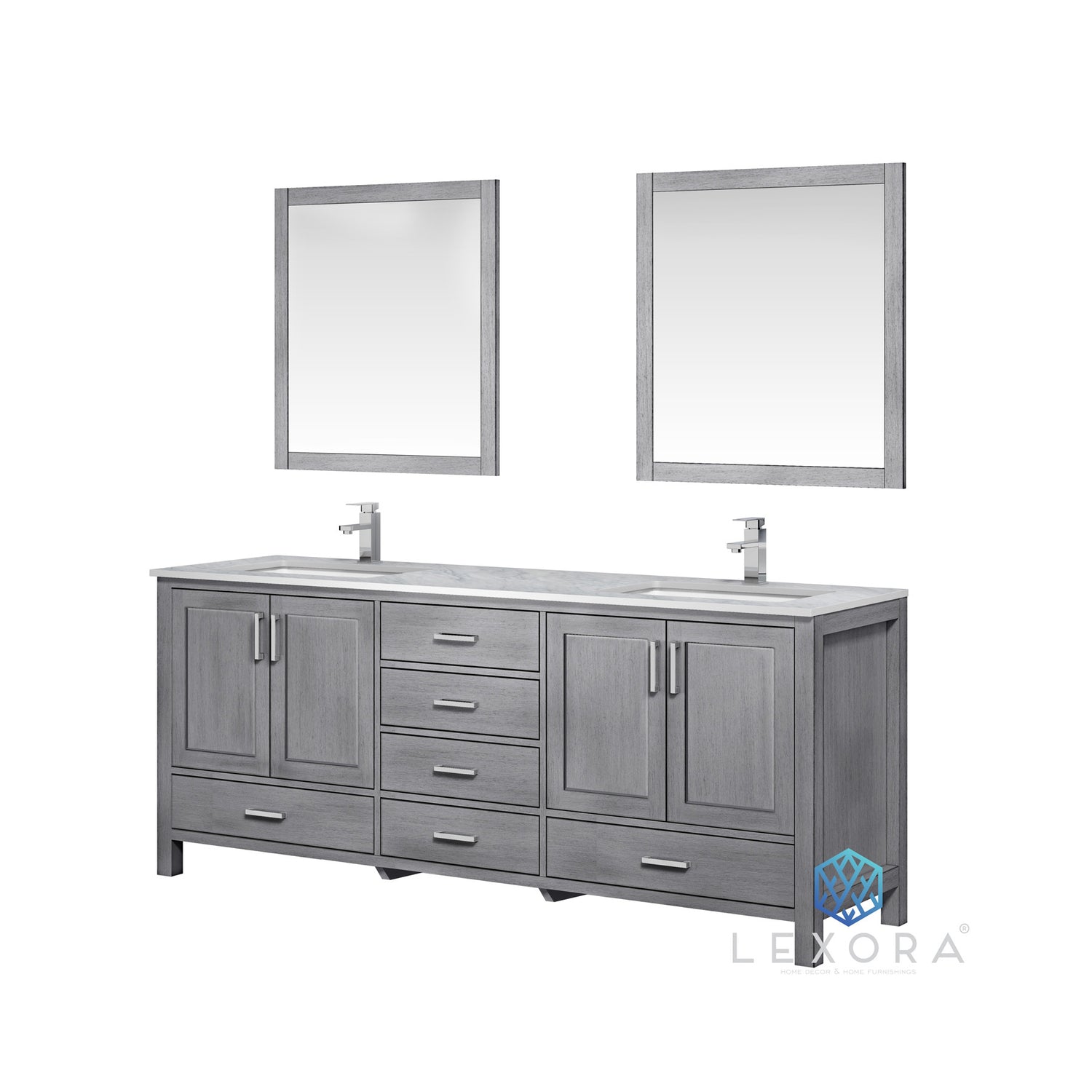 Jacques 80" Distressed Grey Double Vanity, White Carrara Marble Top, White Square Sinks and 30" Mirrors with Faucets