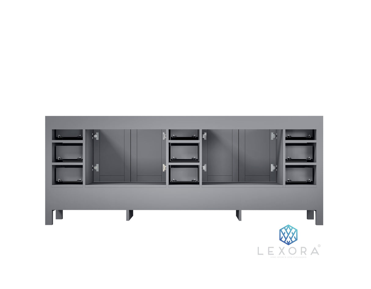 Jacques 84" Distressed Grey Double Vanity, White Carrara Marble Top, White Square Sinks and 34" Mirrors w/ Faucets