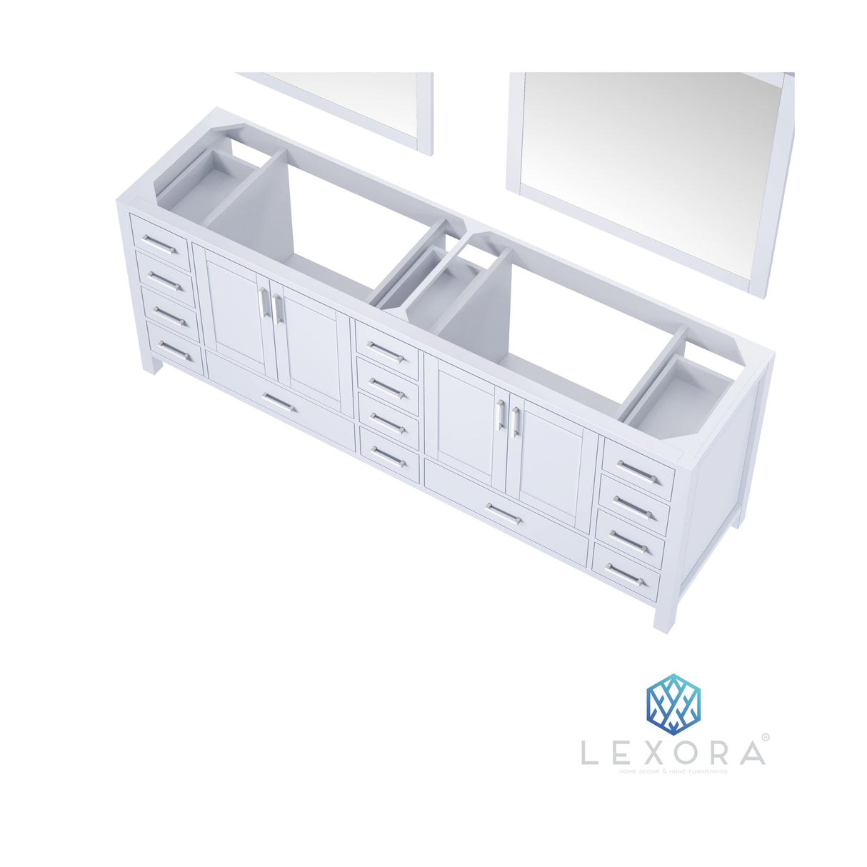 Jacques 84" White Double Vanity, White Carrara Marble Top, White Square Sinks and 34" Mirrors w/ Faucets