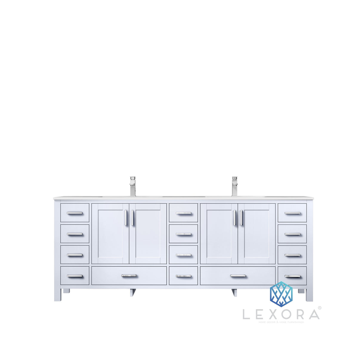 Jacques 84" White Double Vanity, White Carrara Marble Top, White Square Sinks and 34" Mirrors w/ Faucets