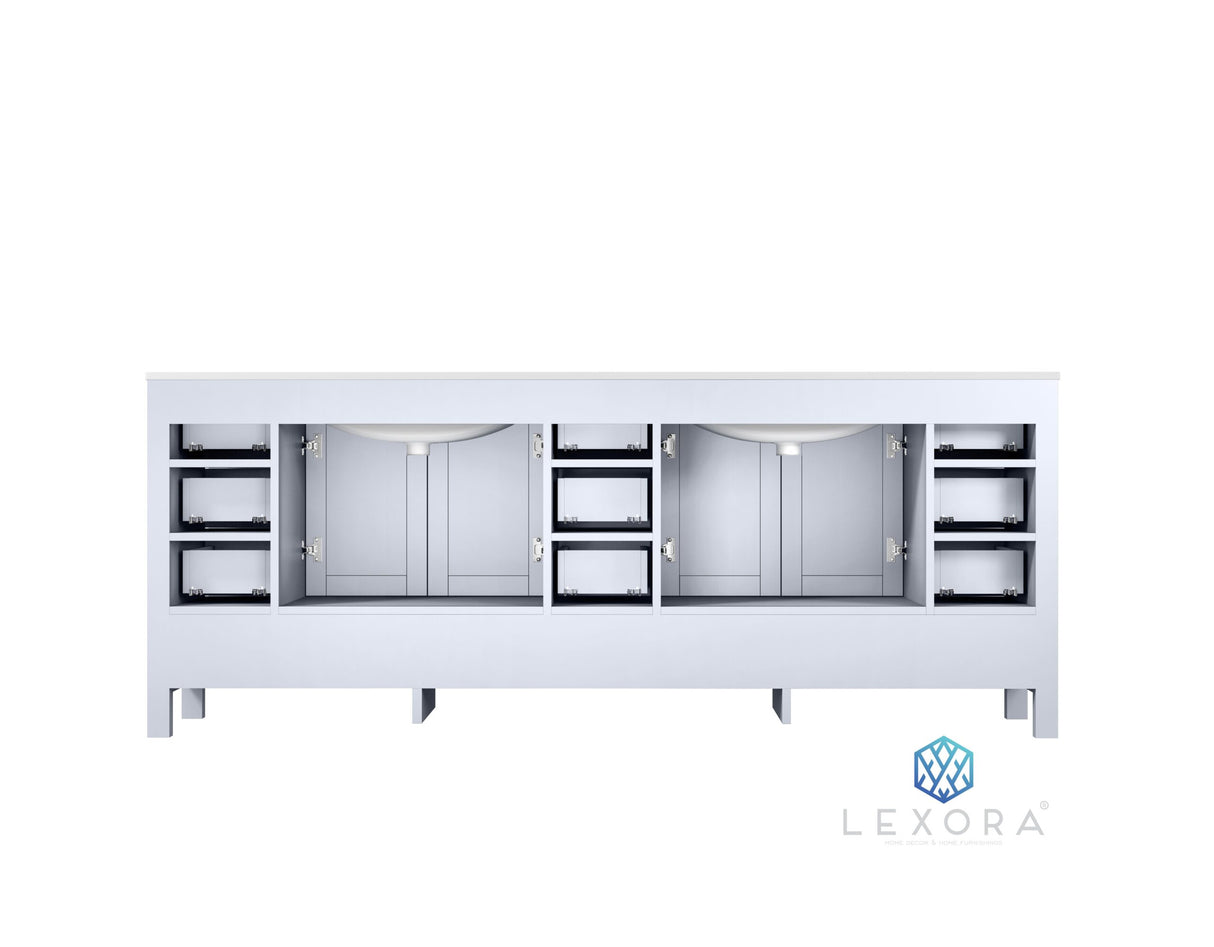 Jacques 84" White Double Vanity, White Carrara Marble Top, White Square Sinks and 34" Mirrors w/ Faucets