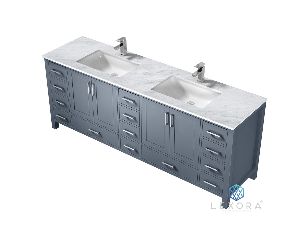 Jacques 84" Dark Grey Double Vanity, White Carrara Marble Top, White Square Sinks and 34" Mirrors w/ Faucets