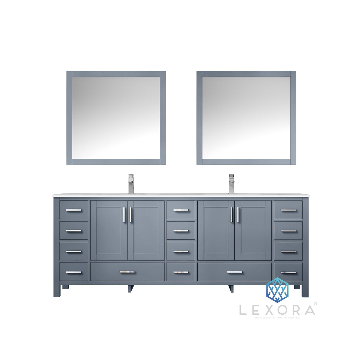 Jacques 84" Dark Grey Double Vanity, White Carrara Marble Top, White Square Sinks and 34" Mirrors w/ Faucets