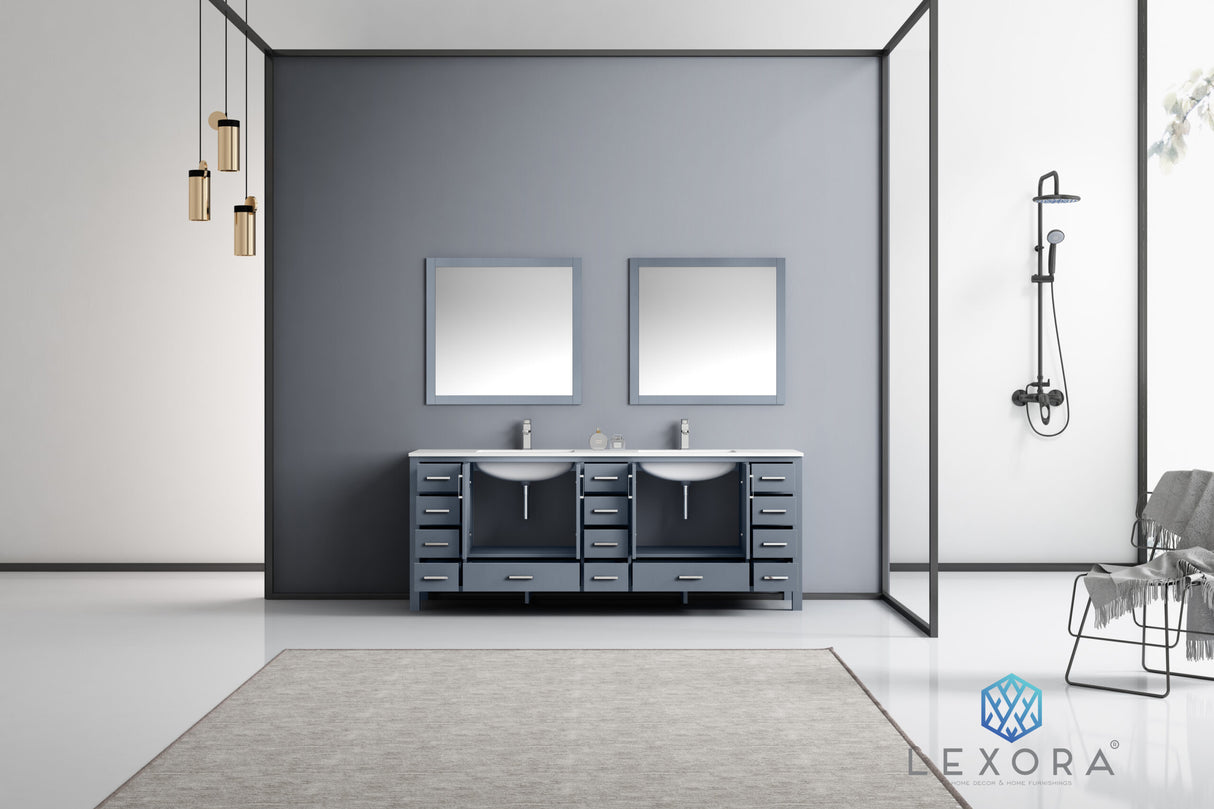 Jacques 84" Dark Grey Double Vanity, White Carrara Marble Top, White Square Sinks and 34" Mirrors w/ Faucets