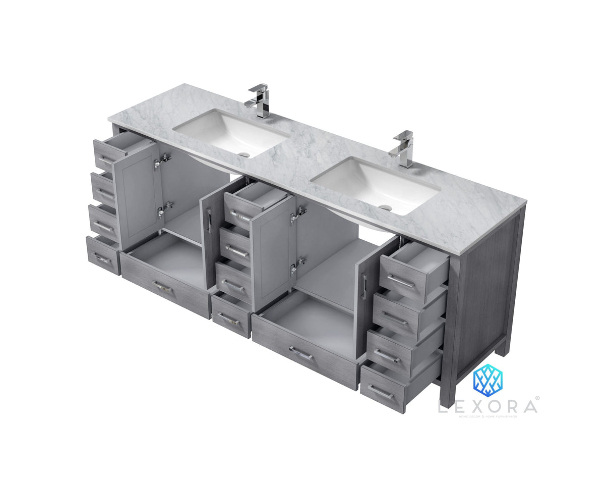 Jacques 84" Distressed Grey Double Vanity, White Carrara Marble Top, White Square Sinks and 34" Mirrors w/ Faucets