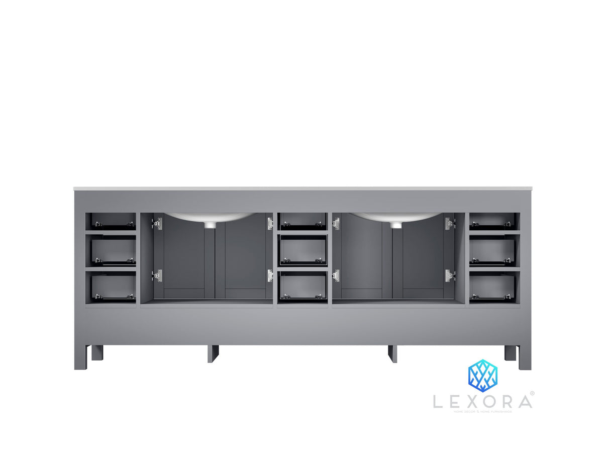 Jacques 84" Distressed Grey Double Vanity, White Carrara Marble Top, White Square Sinks and 34" Mirrors w/ Faucets