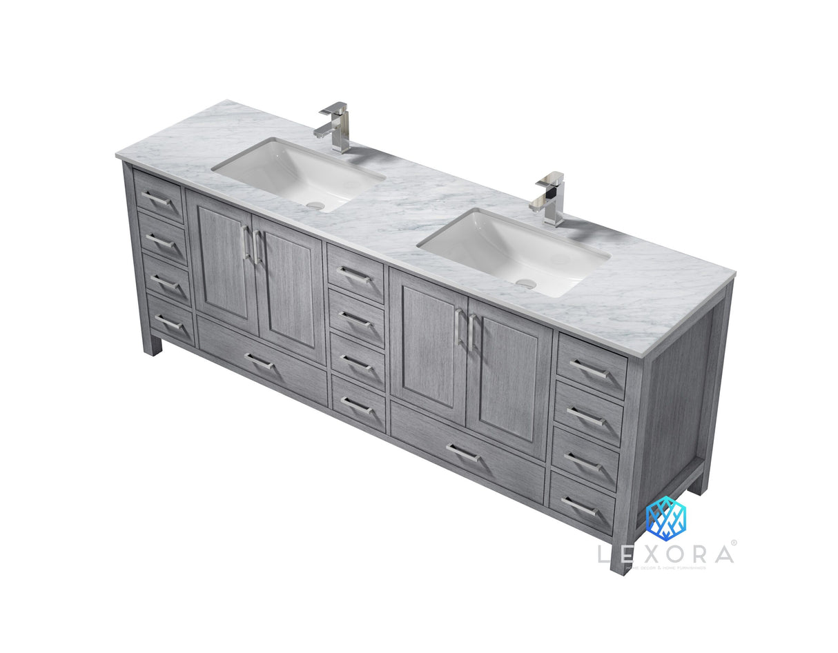 Jacques 84" Distressed Grey Double Vanity, White Carrara Marble Top, White Square Sinks and 34" Mirrors w/ Faucets