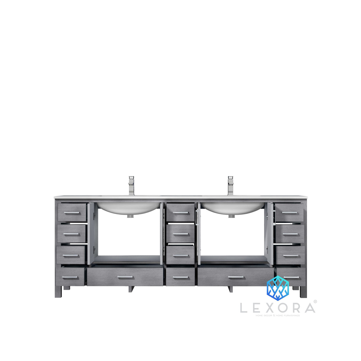 Jacques 84" Distressed Grey Double Vanity, White Carrara Marble Top, White Square Sinks and 34" Mirrors w/ Faucets