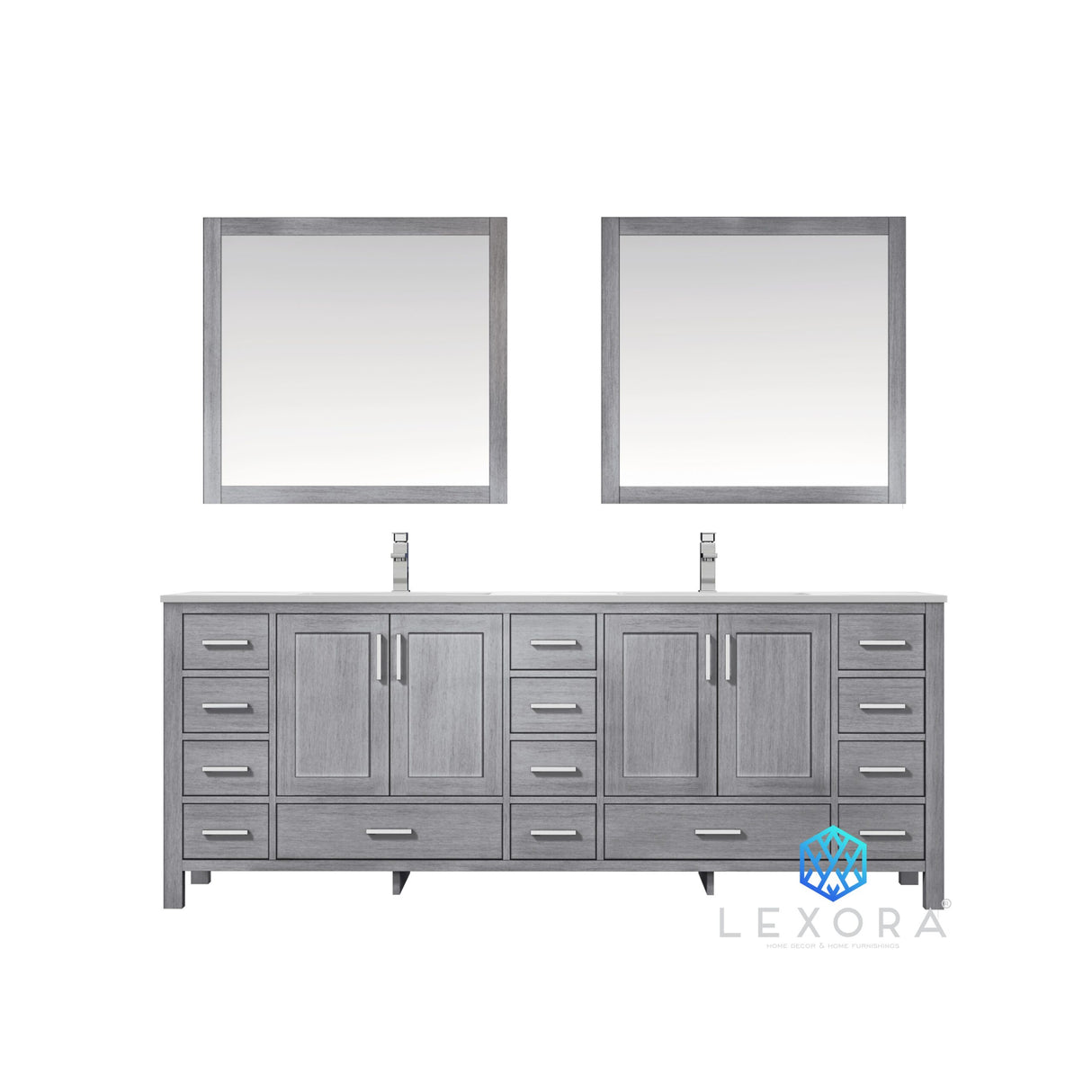 Jacques 84" Distressed Grey Double Vanity, White Carrara Marble Top, White Square Sinks and 34" Mirrors w/ Faucets