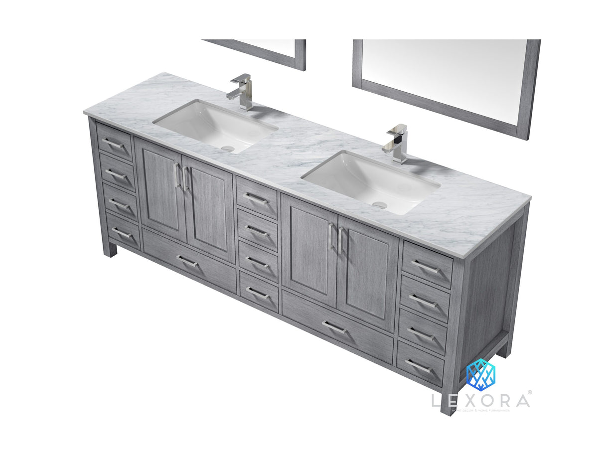 Jacques 84" Distressed Grey Double Vanity, White Carrara Marble Top, White Square Sinks and 34" Mirrors w/ Faucets