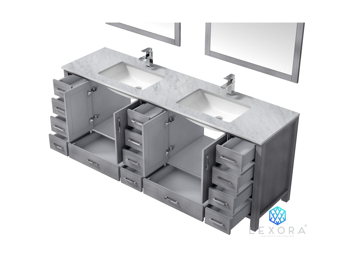 Jacques 84" Distressed Grey Double Vanity, White Carrara Marble Top, White Square Sinks and 34" Mirrors w/ Faucets