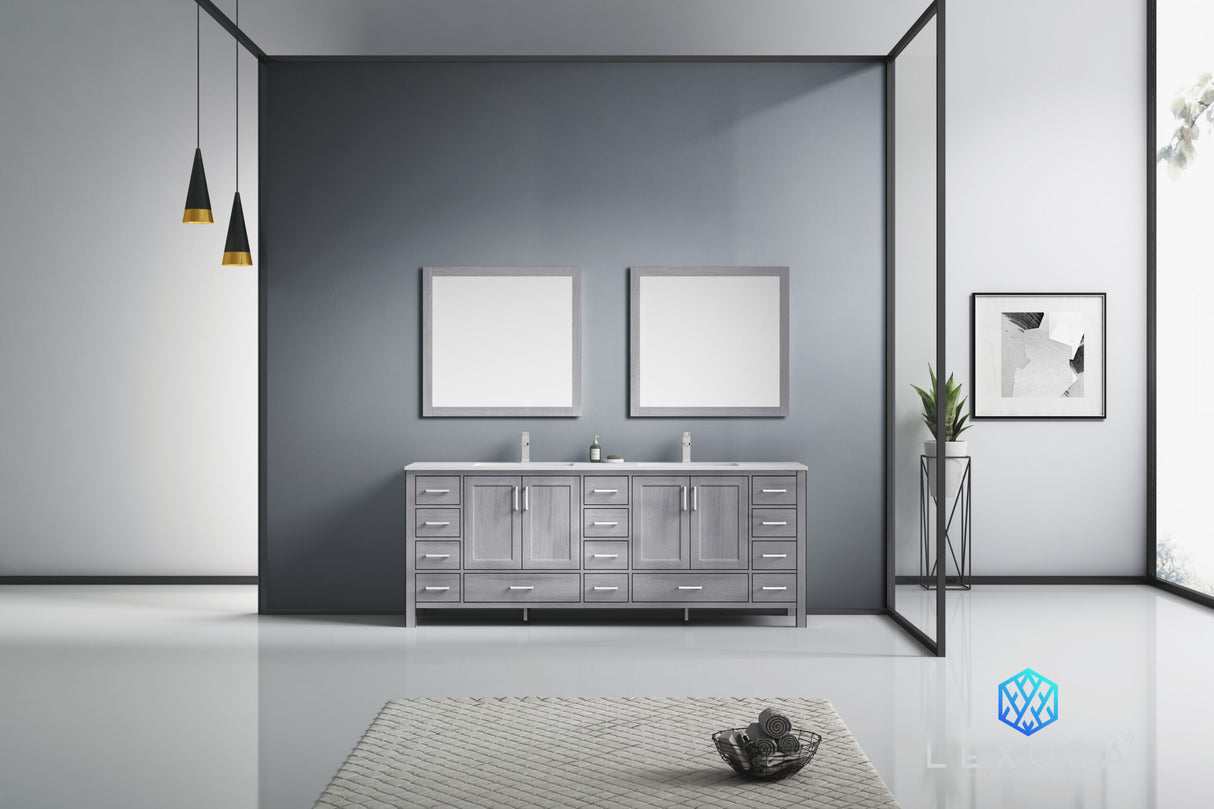 Jacques 84" Distressed Grey Double Vanity, White Carrara Marble Top, White Square Sinks and 34" Mirrors w/ Faucets