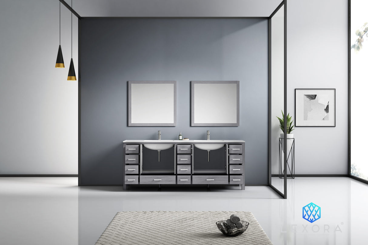 Jacques 84" Distressed Grey Double Vanity, White Carrara Marble Top, White Square Sinks and 34" Mirrors w/ Faucets