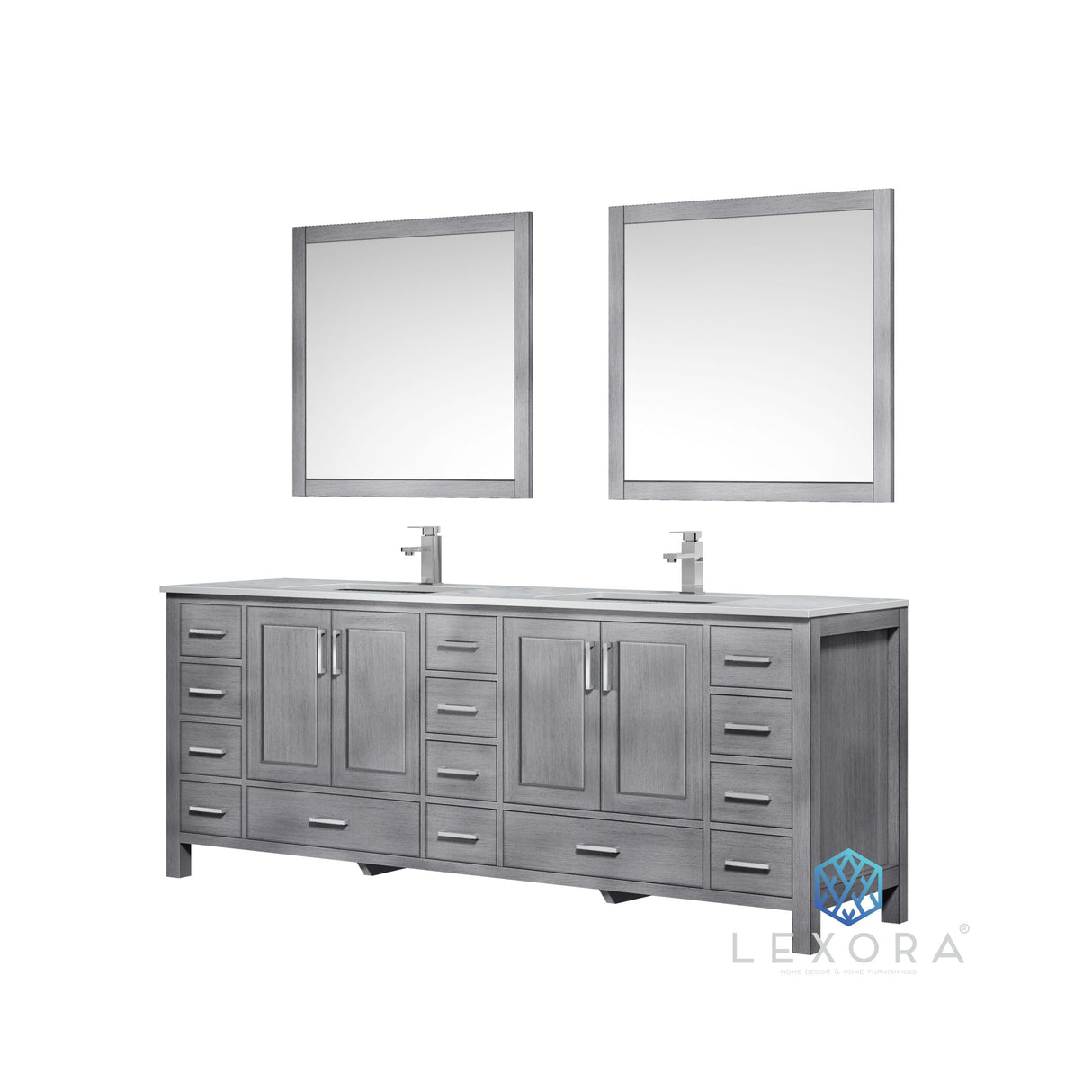 Jacques 84" Distressed Grey Double Vanity, White Carrara Marble Top, White Square Sinks and 34" Mirrors w/ Faucets