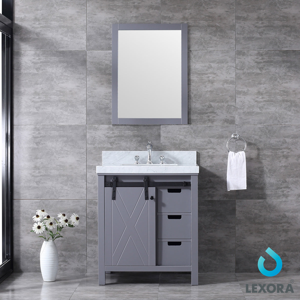 Marsyas 30" Dark Grey Single Vanity, White Carrara Marble Top, White Square Sink and 28" Mirror