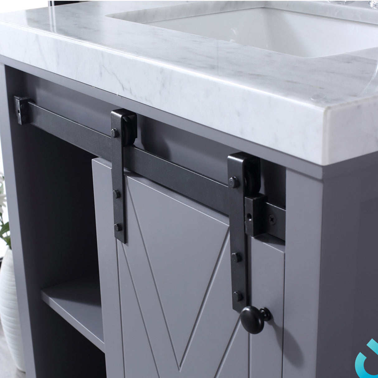 Marsyas 30" Dark Grey Single Vanity, White Carrara Marble Top, White Square Sink and 28" Mirror