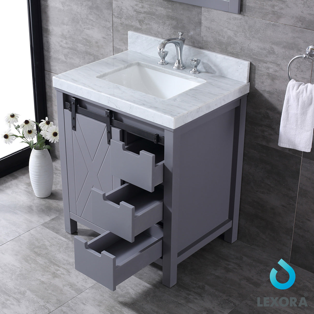 Marsyas 30" Dark Grey Single Vanity, White Carrara Marble Top, White Square Sink and 28" Mirror
