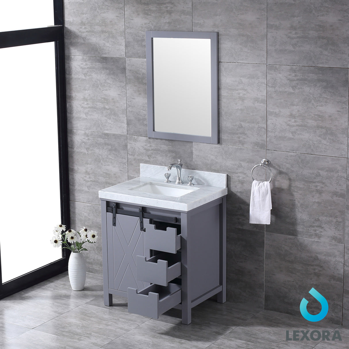 Marsyas 30" Dark Grey Single Vanity, White Carrara Marble Top, White Square Sink and 28" Mirror