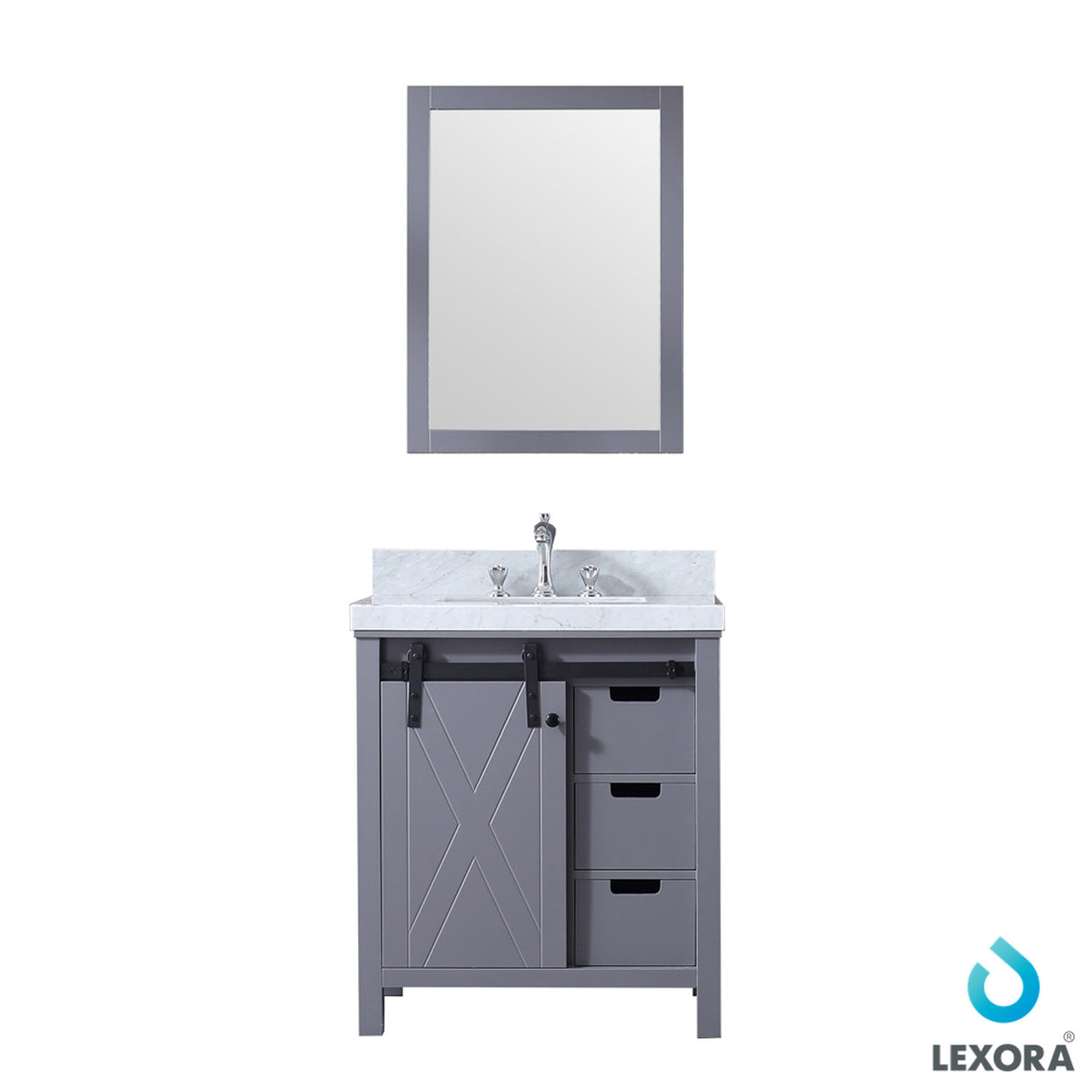 Marsyas 30" Dark Grey Single Vanity, White Carrara Marble Top, White Square Sink and 28" Mirror
