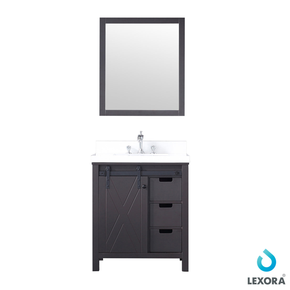Marsyas 30" Brown Single Vanity, White Quartz Top, White Square Sink and 28" Mirror