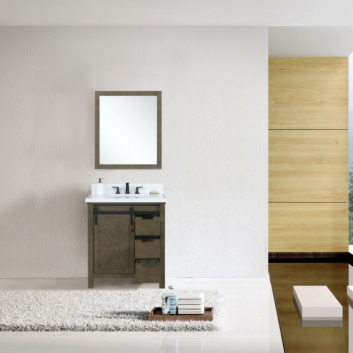 Marsyas 30" Rustic Brown Single Vanity, White Quartz Top, White Square Sink and 28" Mirror