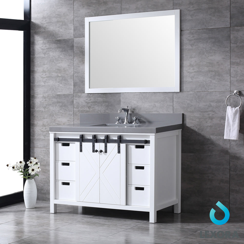 Marsyas 48" White Single Vanity, Grey Quartz Top, White Square Sink and 44" Mirror w/ Faucet