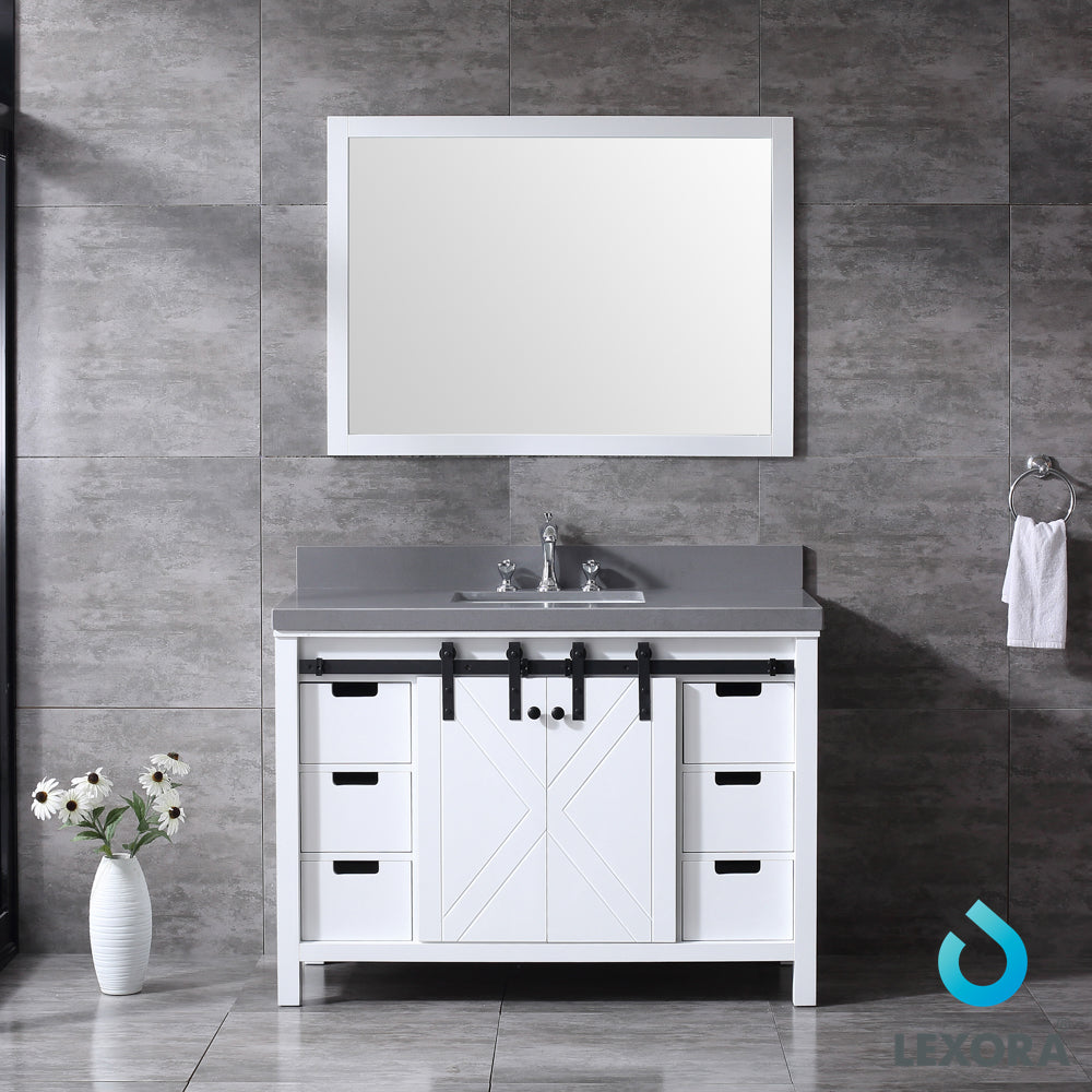 Marsyas 48" White Single Vanity, Grey Quartz Top, White Square Sink and 44" Mirror w/ Faucet