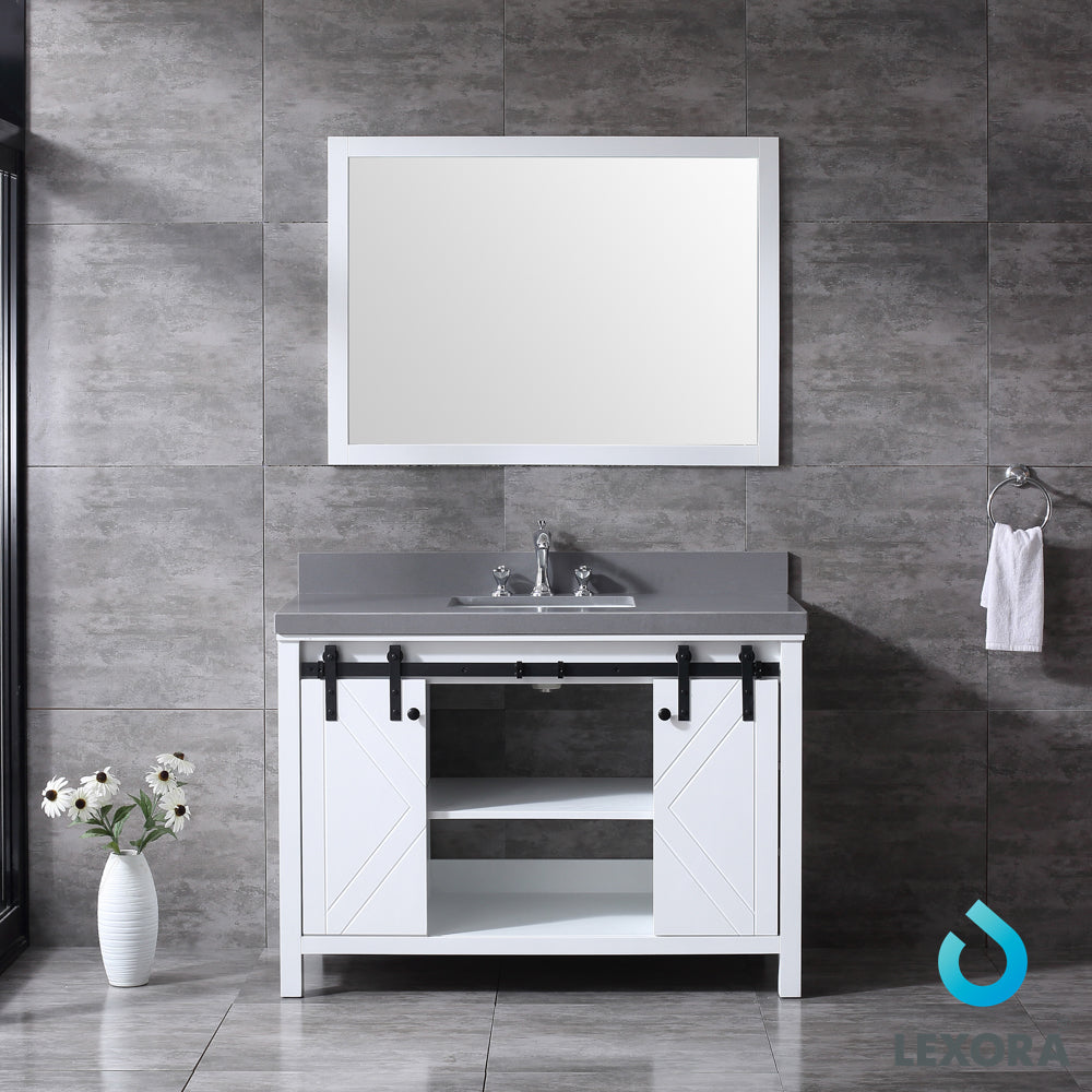 Marsyas 48" White Single Vanity, Grey Quartz Top, White Square Sink and 44" Mirror w/ Faucet