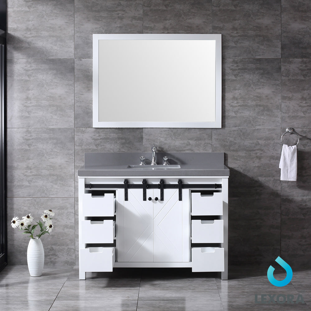 Marsyas 48" White Single Vanity, Grey Quartz Top, White Square Sink and 44" Mirror w/ Faucet