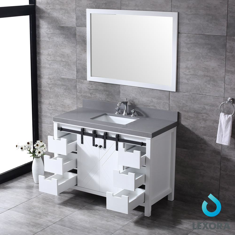 Marsyas 48" White Single Vanity, Grey Quartz Top, White Square Sink and 44" Mirror w/ Faucet