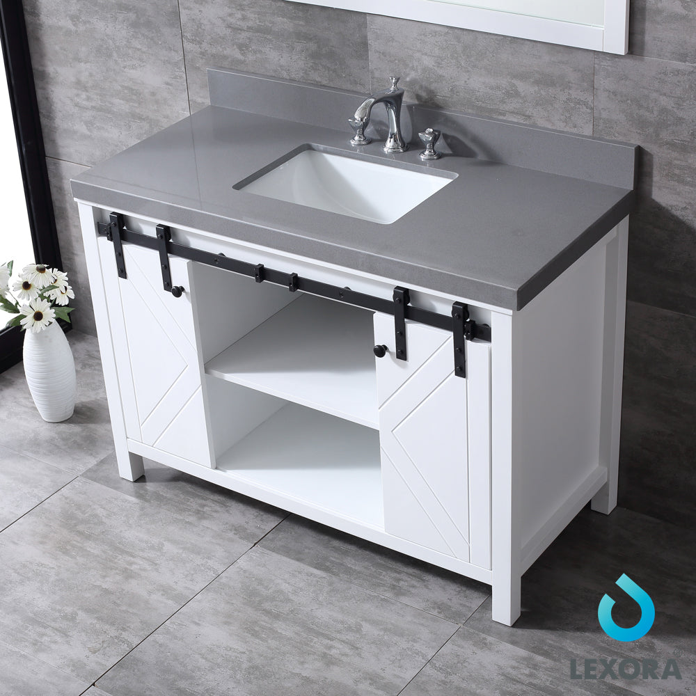 Marsyas 48" White Single Vanity, Grey Quartz Top, White Square Sink and 44" Mirror w/ Faucet