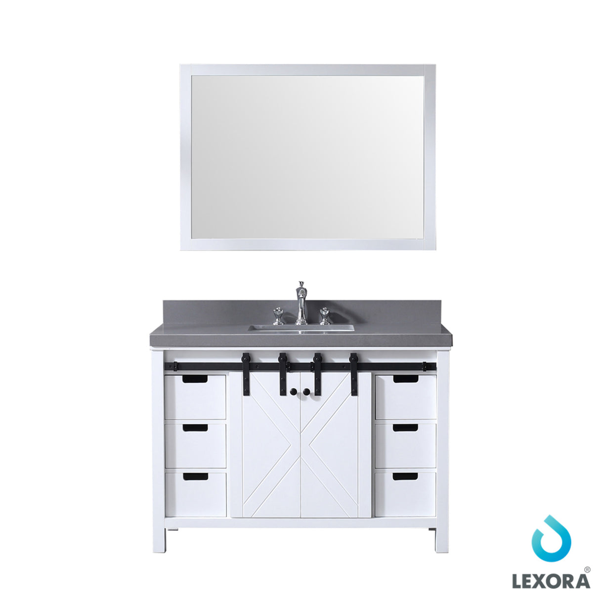 Marsyas 48" White Single Vanity, Grey Quartz Top, White Square Sink and 44" Mirror